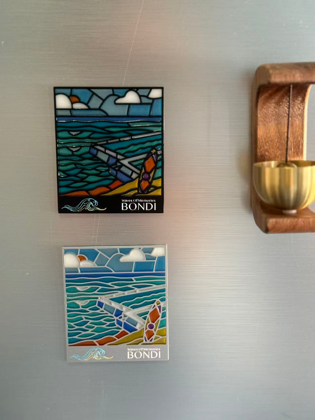 Bondi Beach (Black/Silver) Metal Magnet & Bookmark – Stained Glass Moonlight Souvenir | Black or Silver Frame