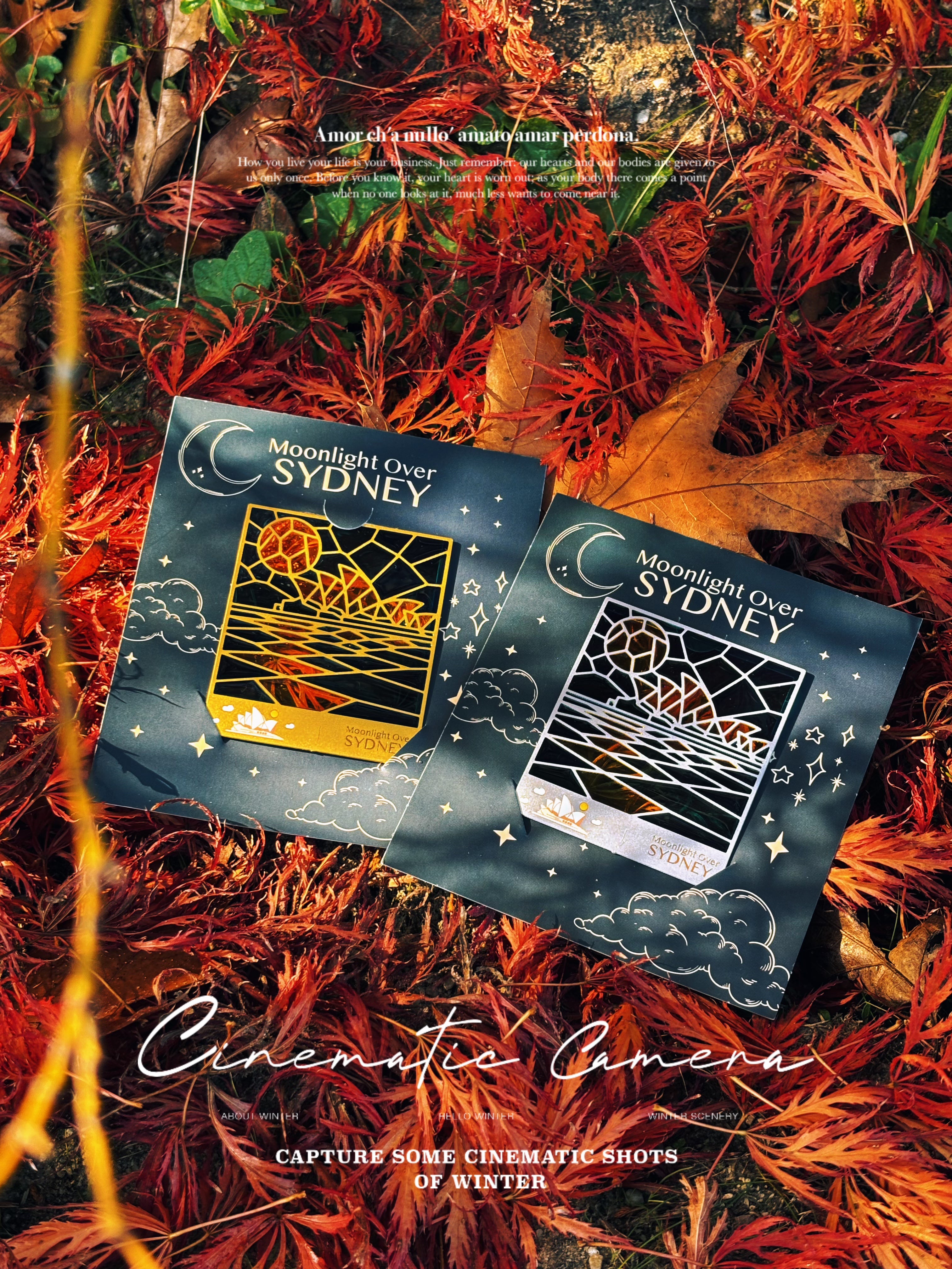 SYD Opera House (GOLD/SILVER) Metal Magnet & Bookmark – Stained Glass Moonlight Souvenir | Gold or Silver Frame