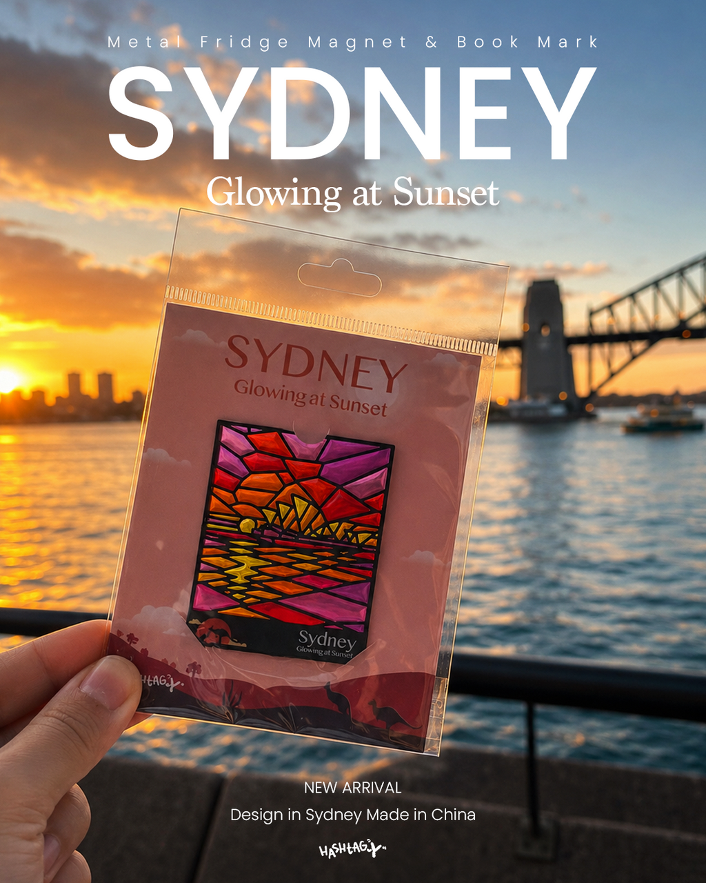 SYD Opera House (BLACK) Metal Magnet & Bookmark – Stained Glass SUNSET Souvenir